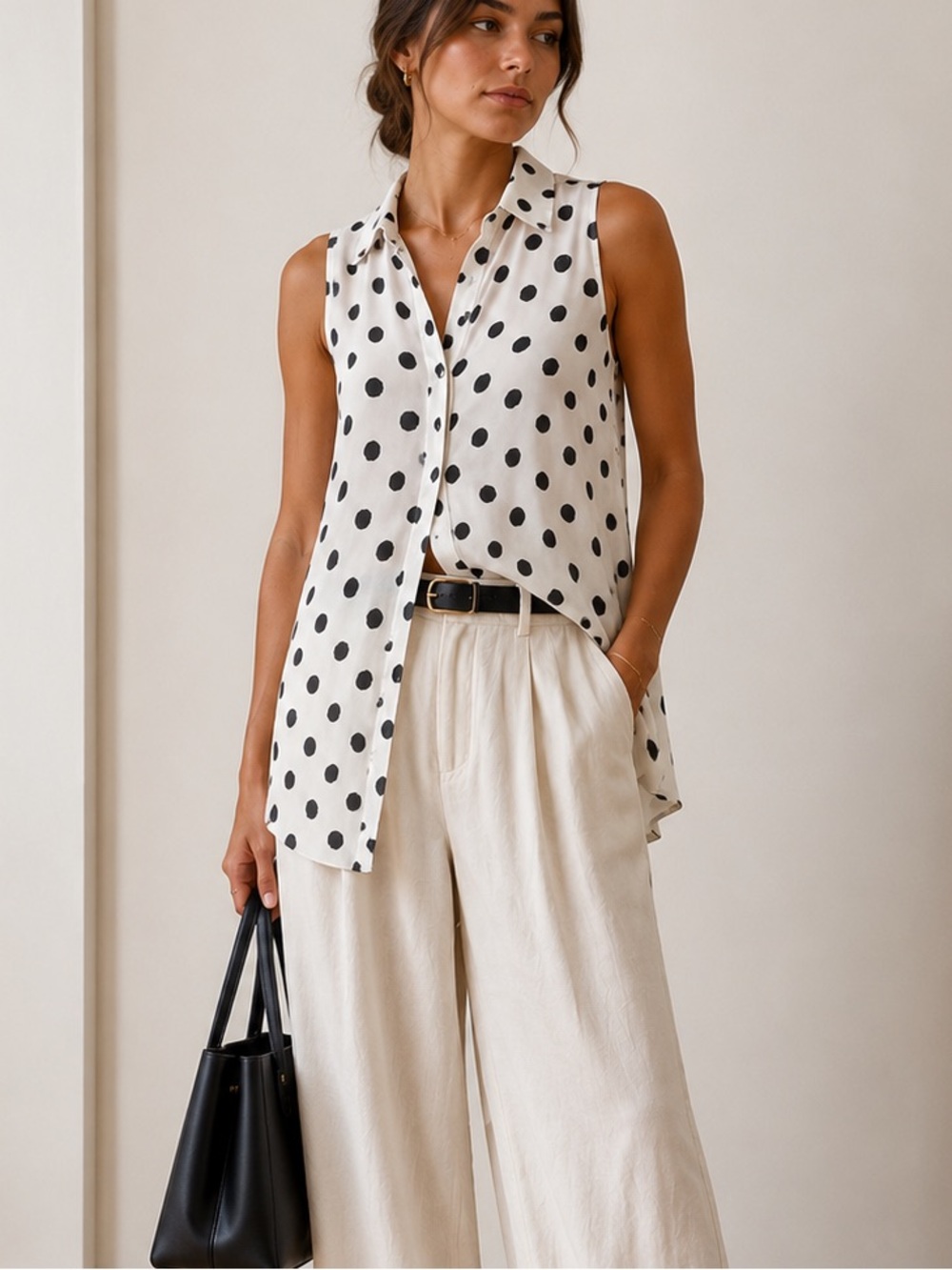 Polka Dot Sleeveless Tunic Blouse Button Front Collared Cupio Medium